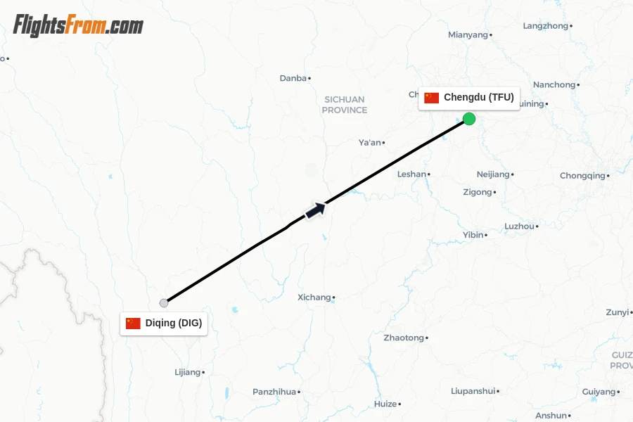 Flights from Diqing to Chengdu route map