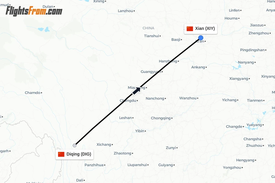 Flights from Diqing to Xian route map