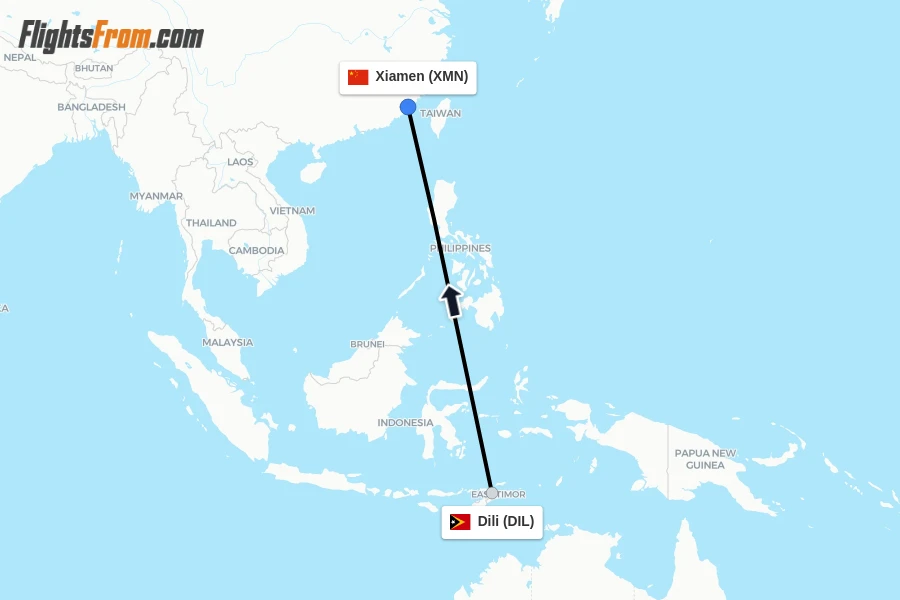 Flights from Dili to Xiamen route map
