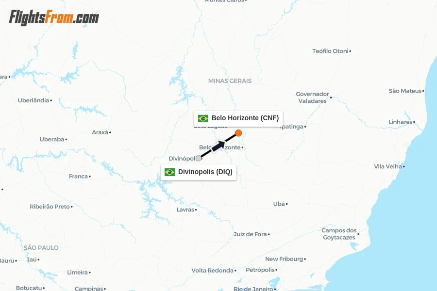 Flights from Divinopolis to Belo Horizonte route map