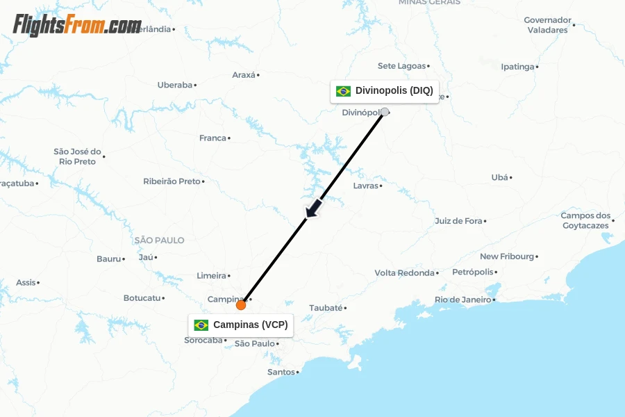 Flights from Divinopolis to Campinas route map