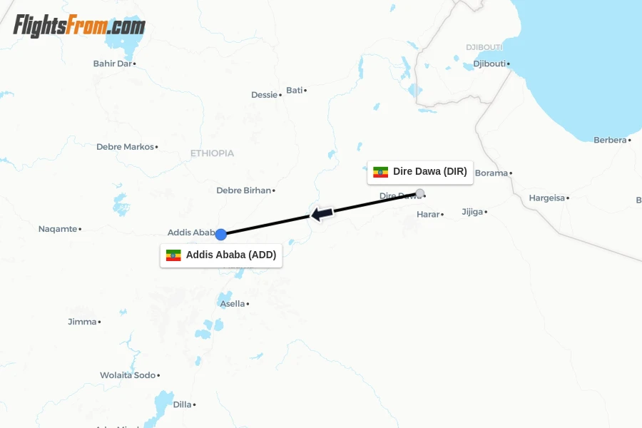 Flights from Dire Dawa to Addis Ababa route map