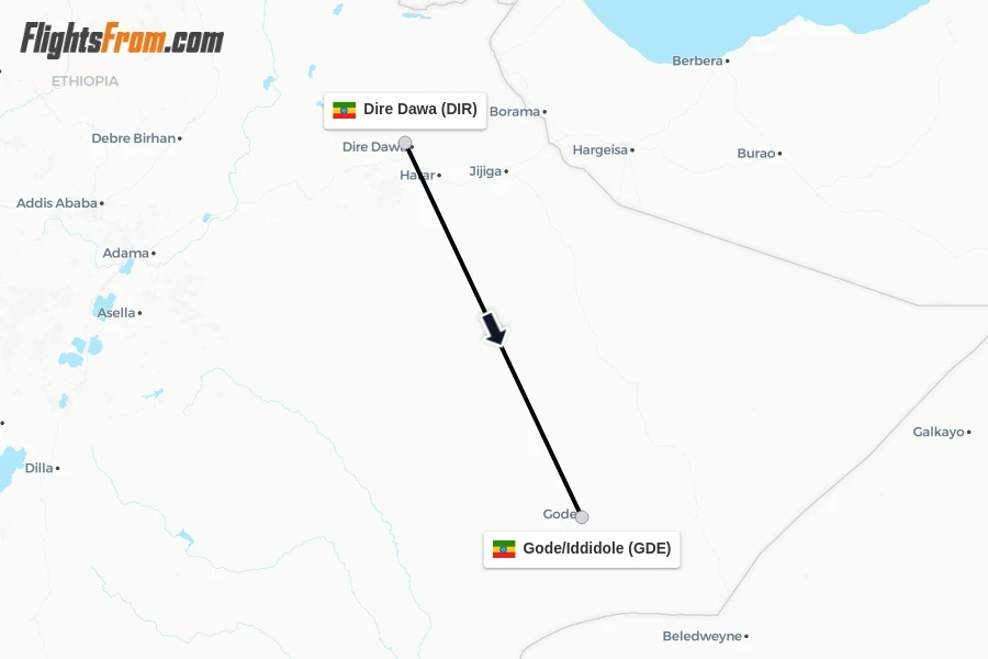 Flights from Dire Dawa to Gode/Iddidole route map