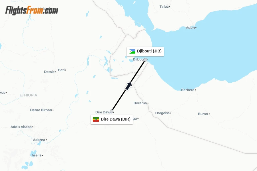 Flights from Dire Dawa to Djibouti route map