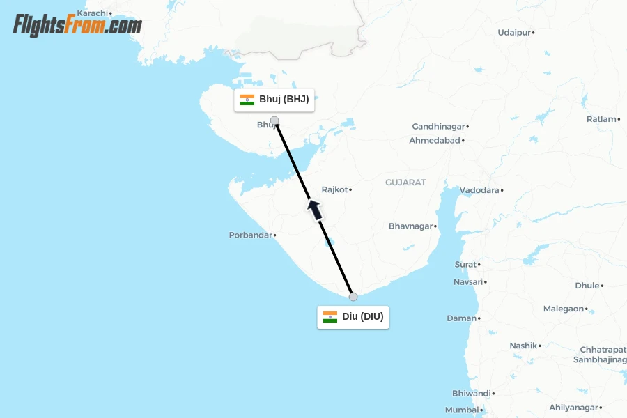 Flights from Diu to Bhuj route map