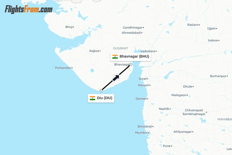 Flights from Diu to Bhavnagar route map