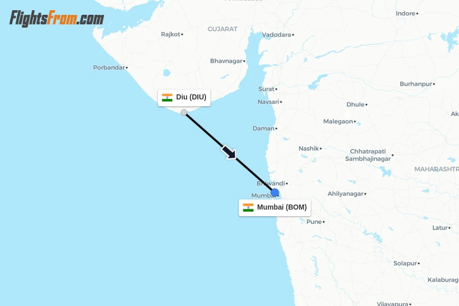 Flights from Diu to Mumbai route map