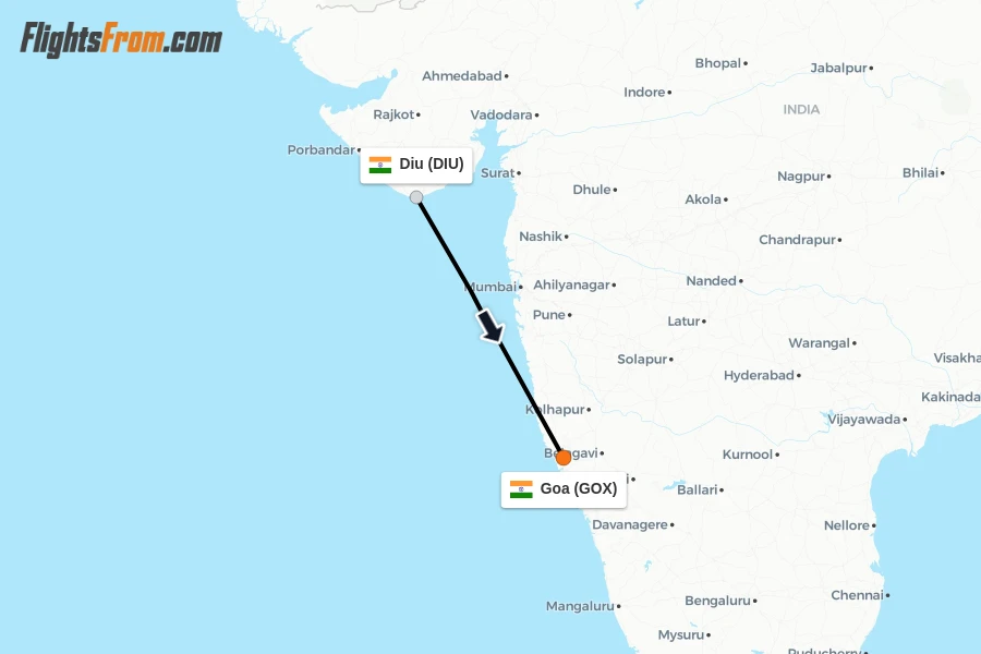 Flights from Diu to Goa route map