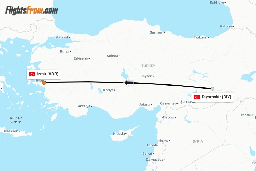 Flights from Diyarbakir to Izmir route map