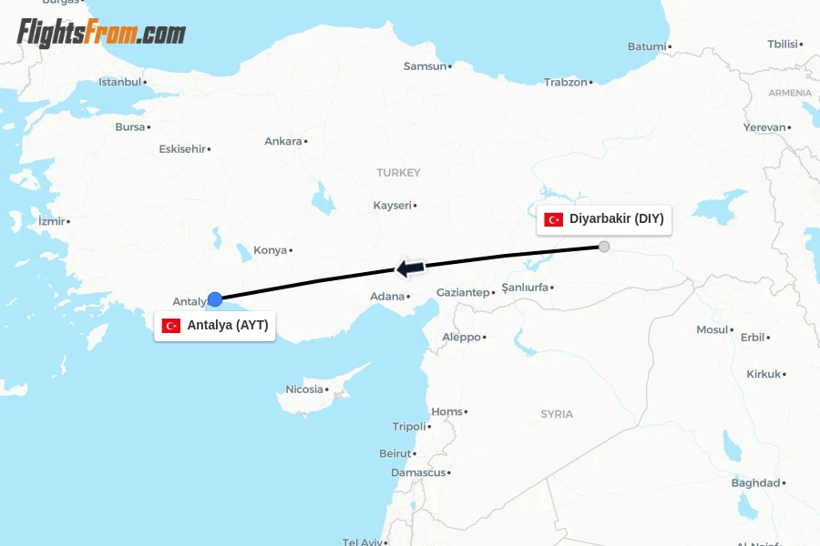 Flights from Diyarbakir to Antalya route map