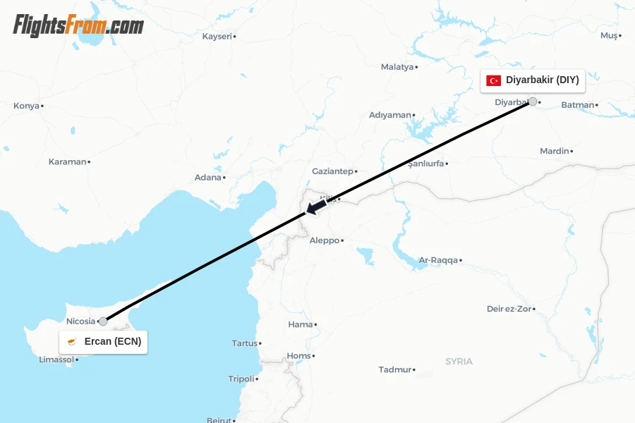 Flights from Diyarbakir to Ercan route map