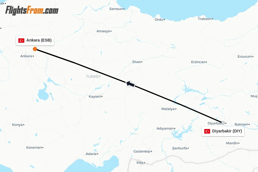 Flights from Diyarbakir to Ankara route map