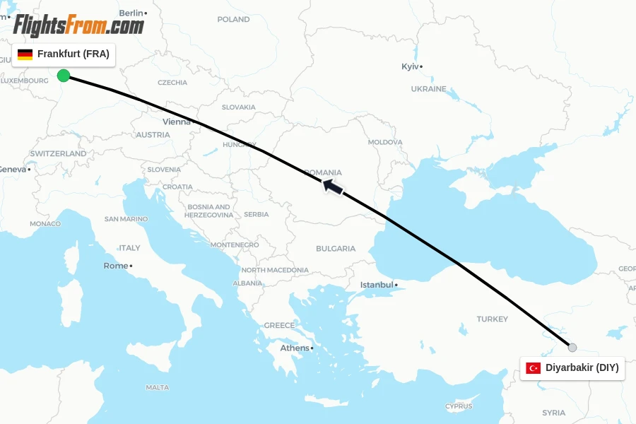 Flights from Diyarbakir to Frankfurt route map