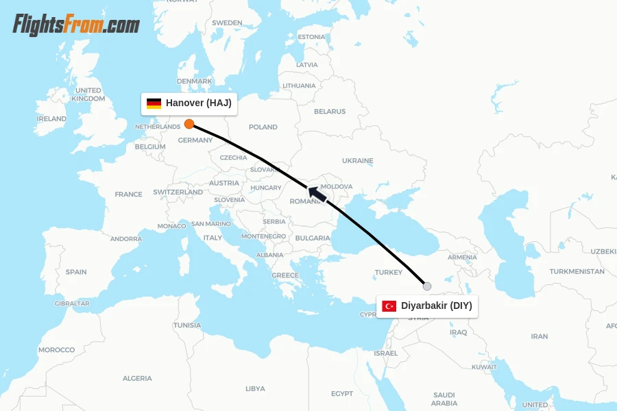 Flights from Diyarbakir to Hanover route map