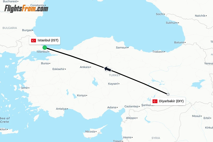 Flights from Diyarbakir to Istanbul route map