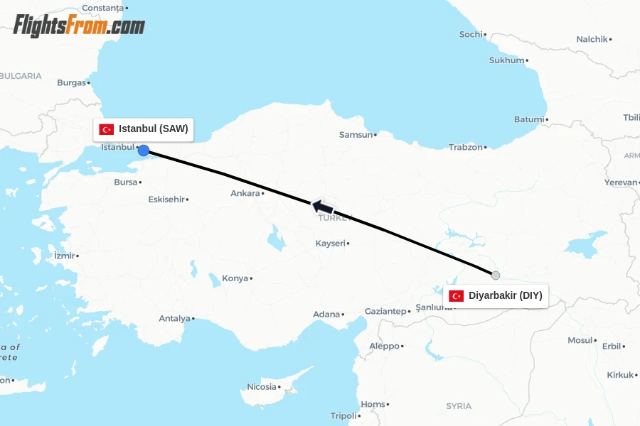 Flights from Diyarbakir to Istanbul route map