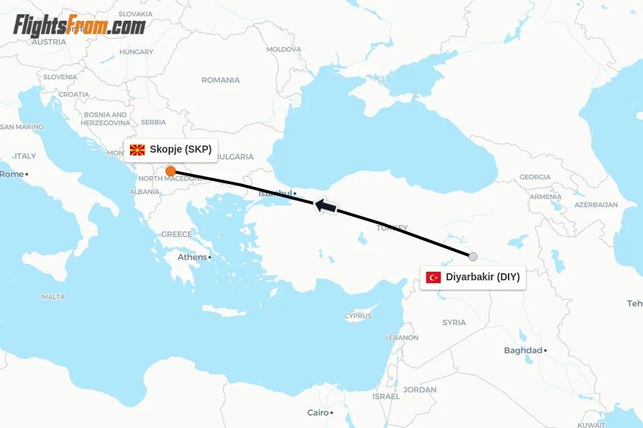 Flights from Diyarbakir to Skopje route map