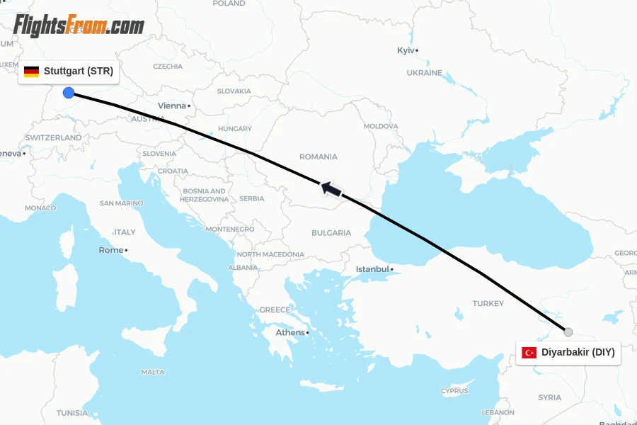 Flights from Diyarbakir to Stuttgart route map