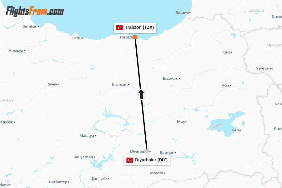 Flights from Diyarbakir to Trabzon route map