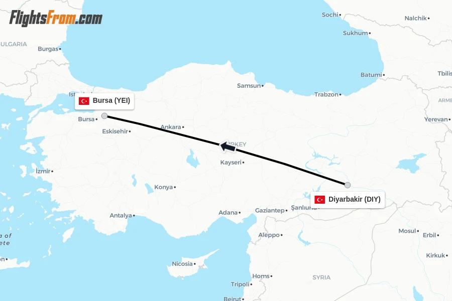 Flights from Diyarbakir to Bursa route map