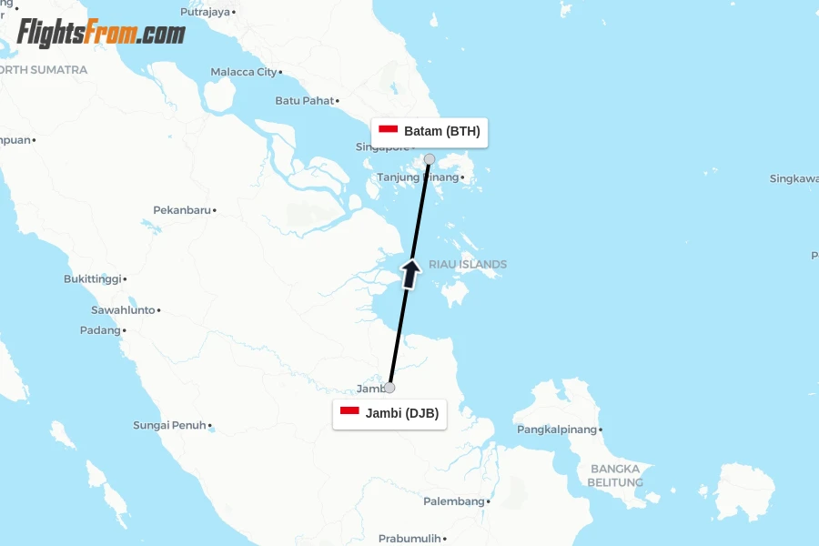Flights from Jambi to Batam route map