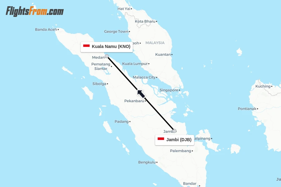 Flights from Jambi to Kuala Namu route map