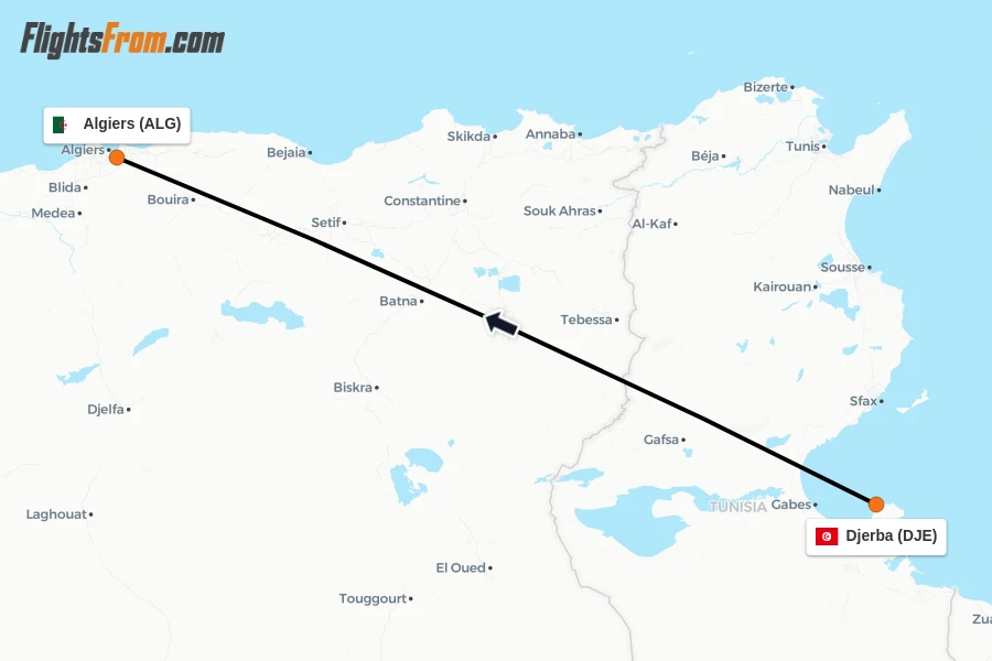 Flights from Djerba to Algiers route map