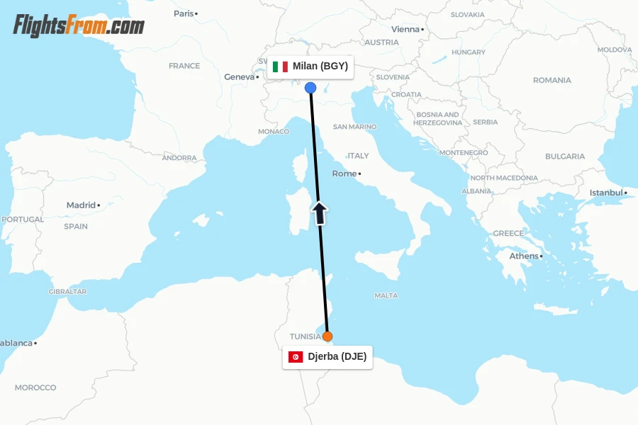 Flights from Djerba to Milan route map