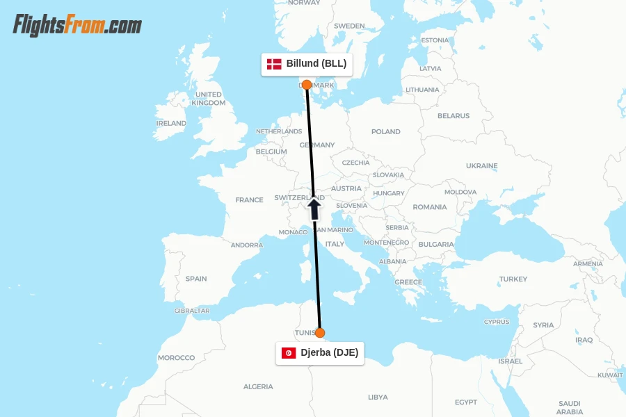 Flights from Djerba to Billund route map
