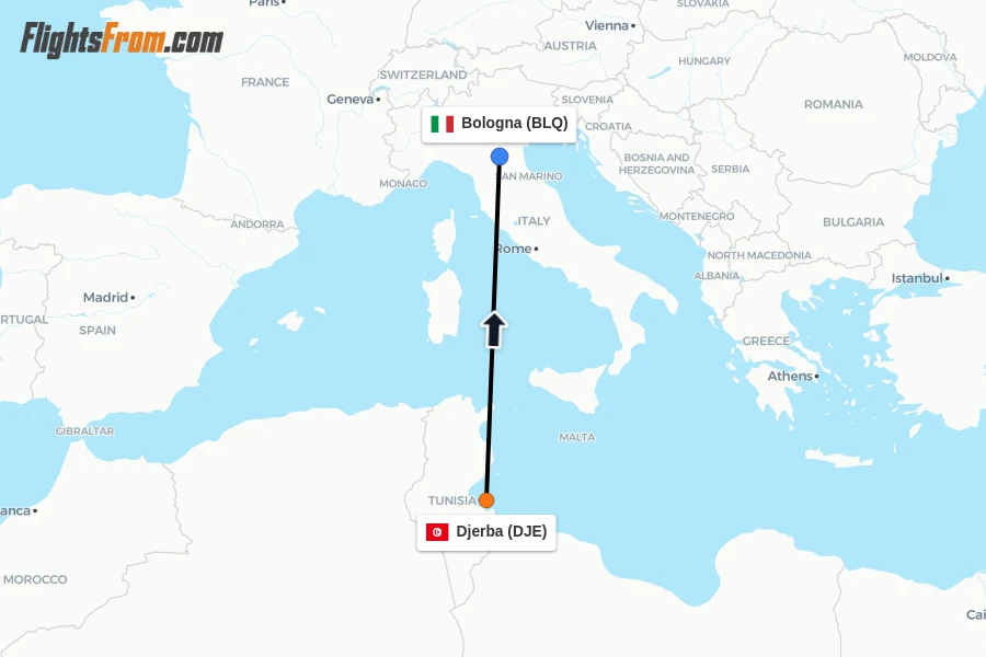 Flights from Djerba to Bologna route map