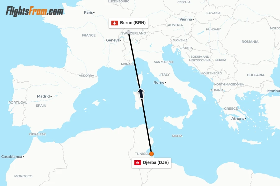 Flights from Djerba to Berne route map