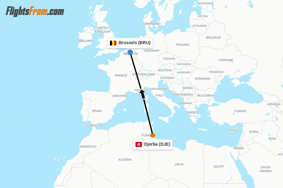 Flights from Djerba to Brussels route map