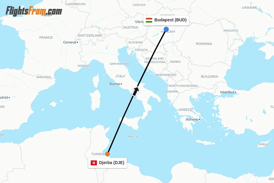 Flights from Djerba to Budapest route map