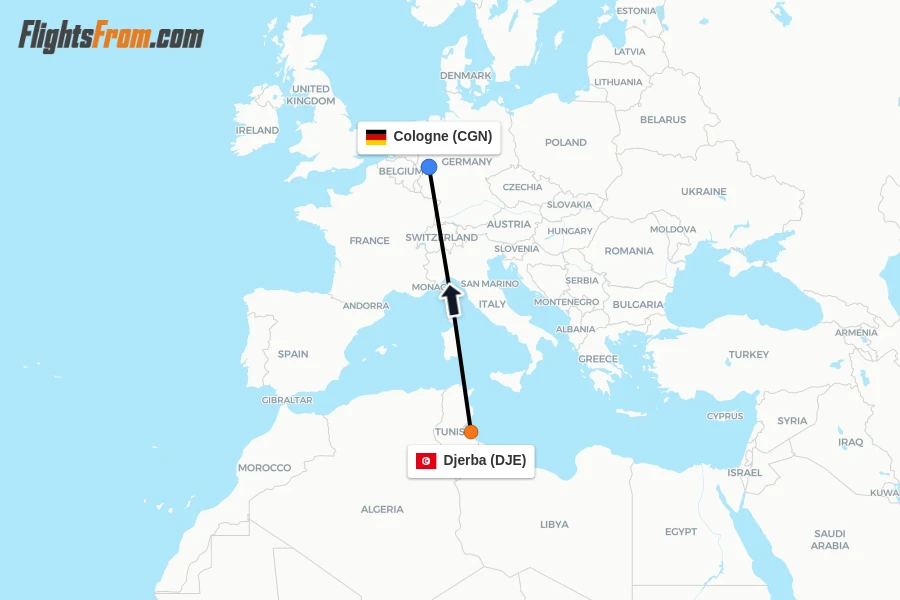 Flights from Djerba to Cologne route map