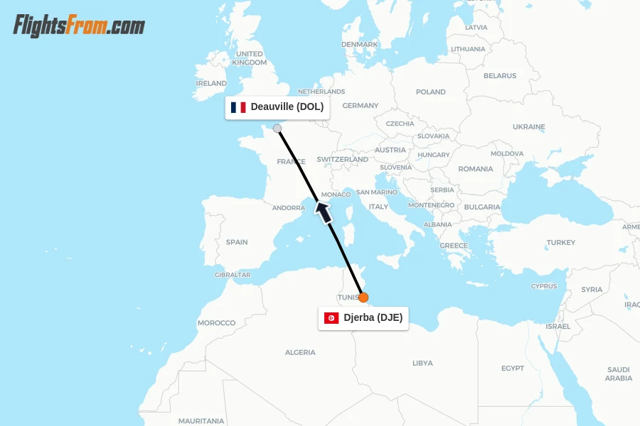 Flights from Djerba to Deauville route map
