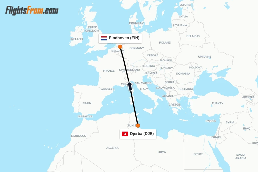 Flights from Djerba to Eindhoven route map