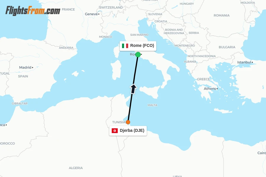 Flights from Djerba to Rome route map