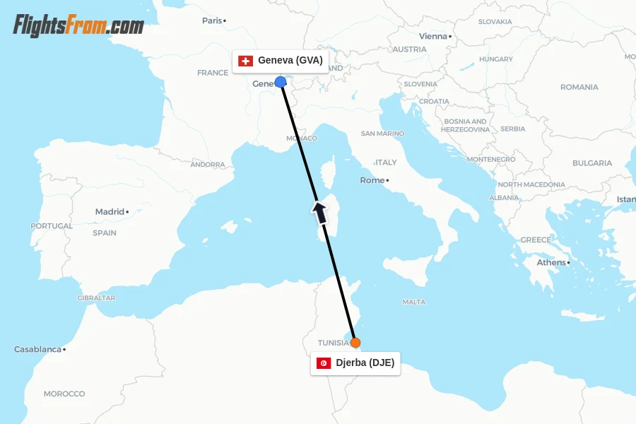 Flights from Djerba to Geneva route map