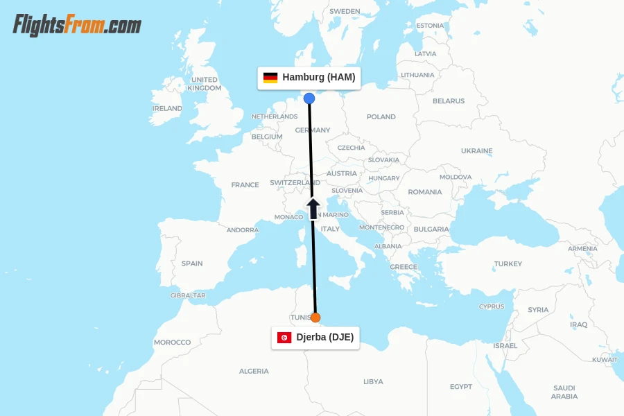 Flights from Djerba to Hamburg route map