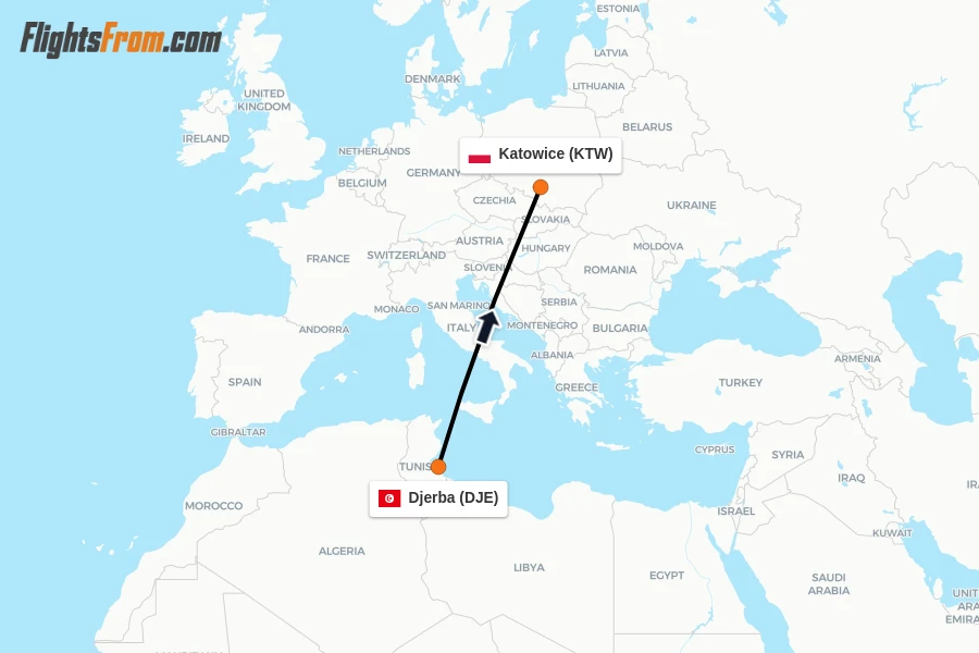 Flights from Djerba to Katowice route map