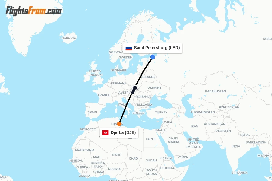Flights from Djerba to Saint Petersburg route map