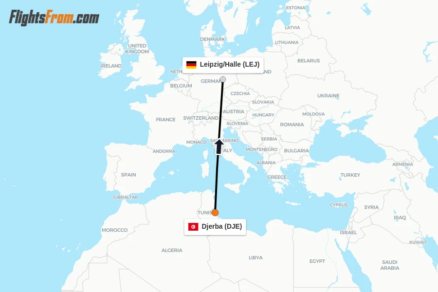 Flights from Djerba to Leipzig/Halle route map