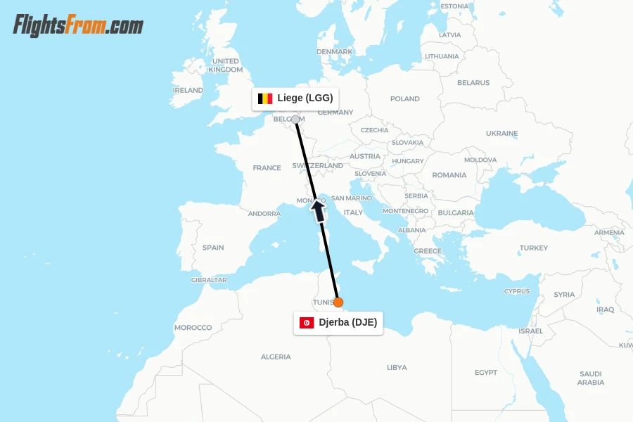 Flights from Djerba to Liege route map