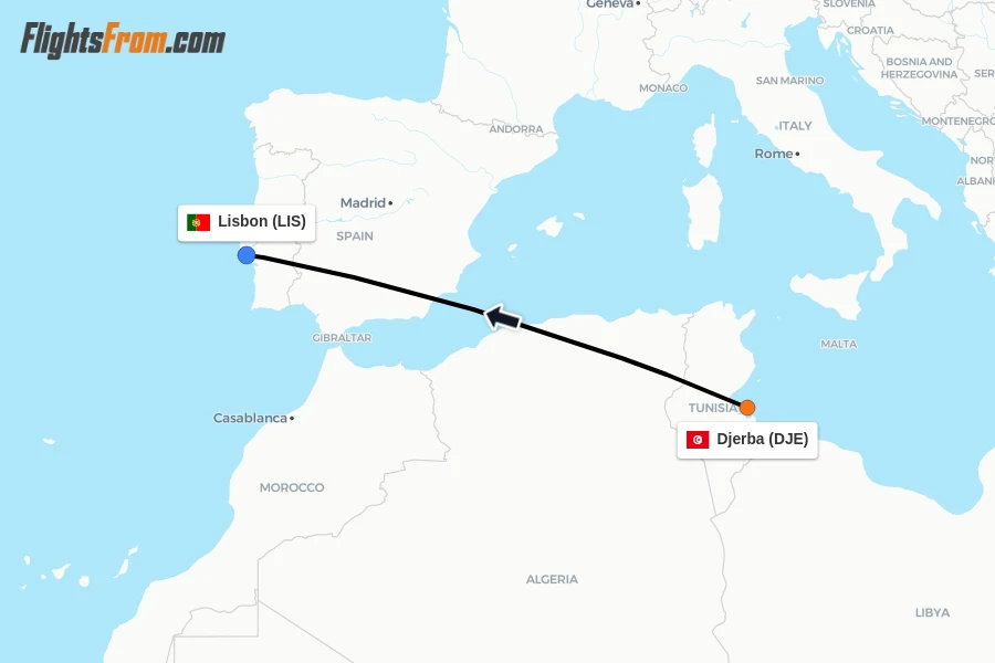 Flights from Djerba to Lisbon route map