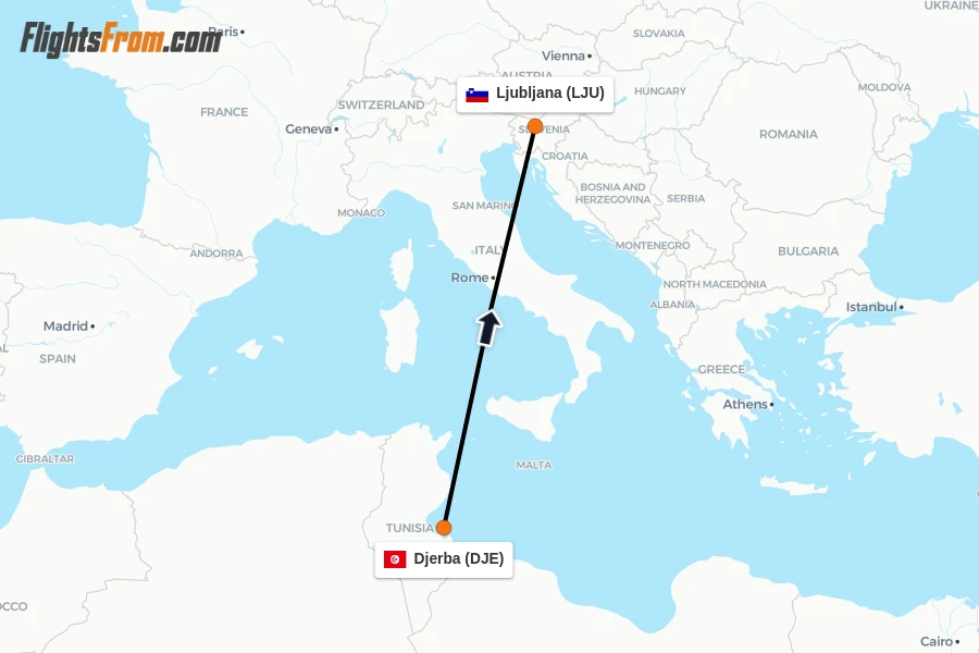 Flights from Djerba to Ljubljana route map