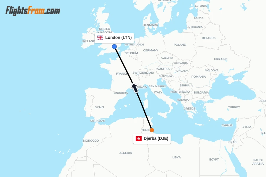 Flights from Djerba to London route map