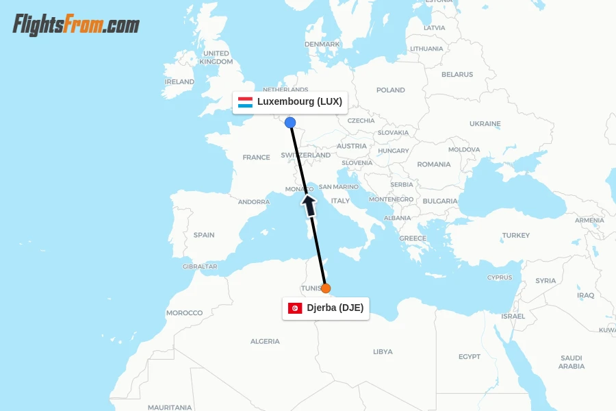 Flights from Djerba to Luxembourg route map
