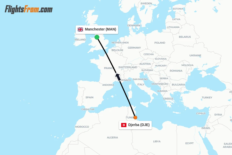 Flights from Djerba to Manchester route map