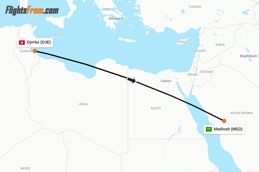 Flights from Djerba to Madinah route map