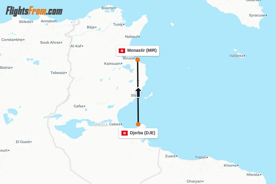 Flights from Djerba to Monastir route map